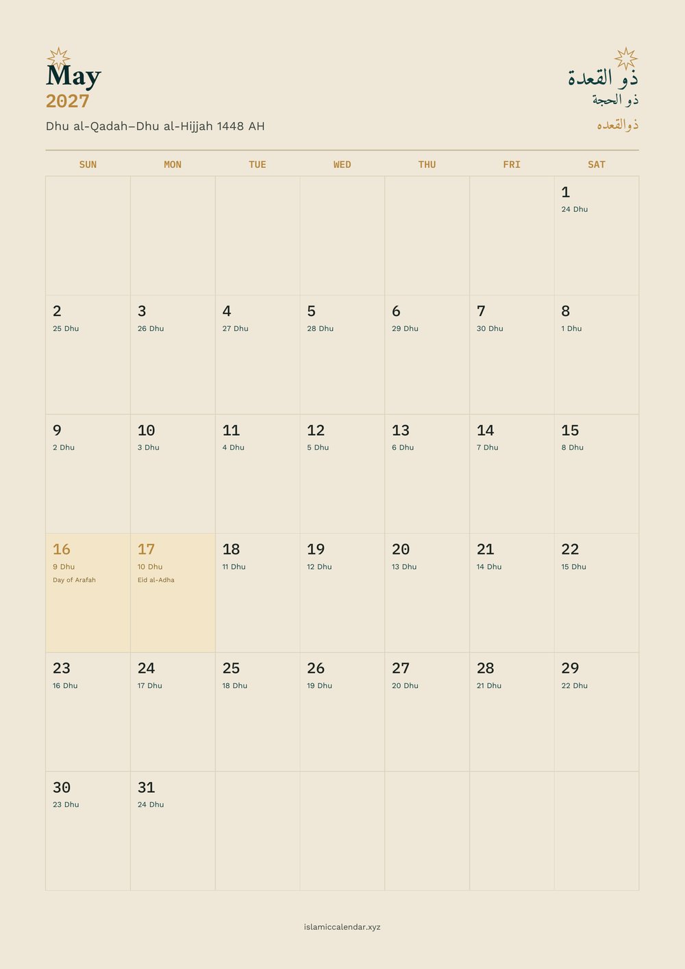 May 2027 page showing Day of Arafah and Eid al-Adha